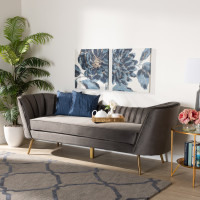Baxton Studio TSF-6719-3-Grey Velvet/Gold-SF Kailyn Glam and Luxe Grey Velvet Fabric Upholstered and Gold Finished Sofa